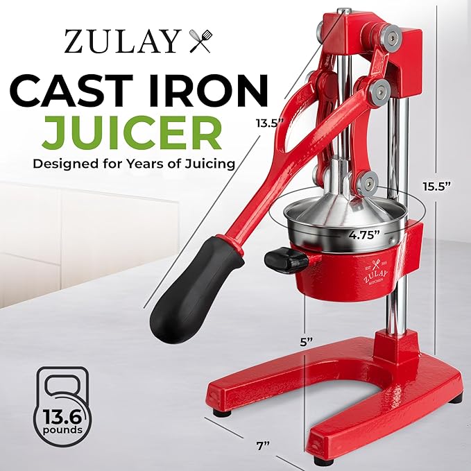 Zulay Kitchen Cast Iron Juicer - Heavy Duty Manual Juicer with Detachable Strainers for Easy Cleaning, Orange Juice Press for Citrus Fruits, Perfect for Bartenders, Juice Lovers & Health Enthusiasts