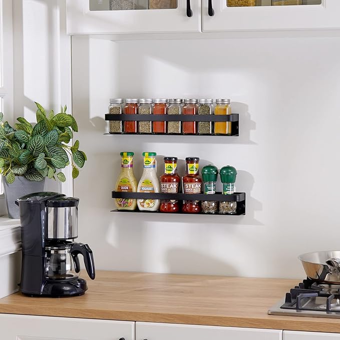 KES Spice Rack Organizer Kitchen Spice Rack Seasoning Organizer 16 Inch Aluminum Spice Holder Wall Mount Anodized Black 2 Pack, KSR401S40-BK-P2
