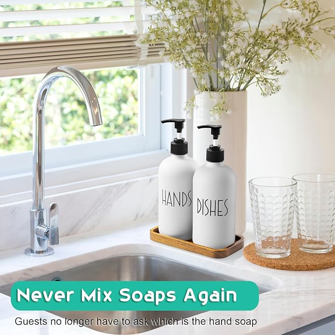 ALELION White Dish Soap Dispenser Set for Kitchen - 16 OZ Hand Soap Dispenser with Pump and Acacia Wood Tray - for White Kitchen Decor and Accessories
