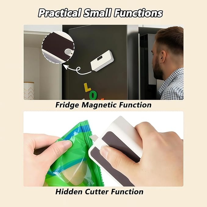 2026 New USB-C Rechargeable Mini Bag Sealer, One-Touch, Adjustable and Portable Freshness, 6-Level Adjustable Heat Sealer & Cutter, LED Display, Magnetic Base for Fridge & Kitchen (Mix)