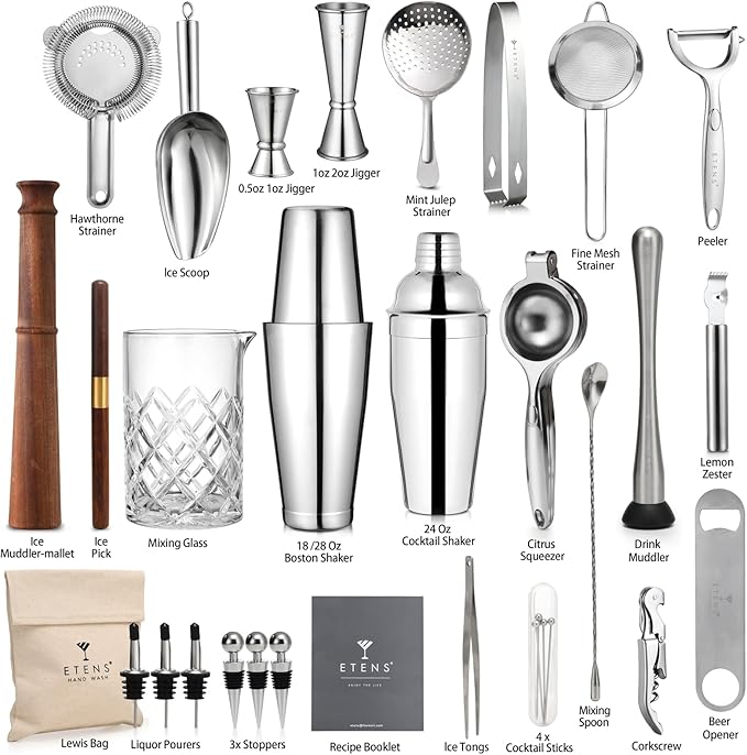 ETENS 33-Piece Professional Bartender Kit with Weighted Boston Shaker – High End Mixology Set for Home Bar – Stainless Steel Barware Tool Set Unbreakable Citrus Squeezer, Ice Scoop & Mixing Glass