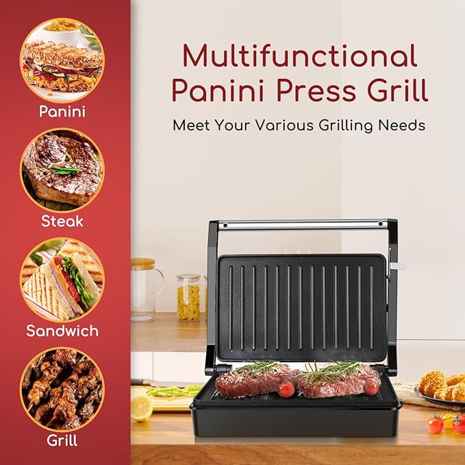 Panini Press Sandwich Maker, Aigostar 1000W Sandwich Press Grill with Non-Stick Coated Plates, Indicator Light, Locking Lid, Cool Touch Handle, Panini Maker Panini Press Grill Easy to Storage & Clean