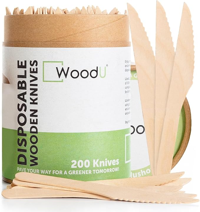 WoodU Disposable Wooden Knives 100% All-Natural, Eco-Friendly, Biodegradable, and Compostable - Pack of 200-6.5" Knife