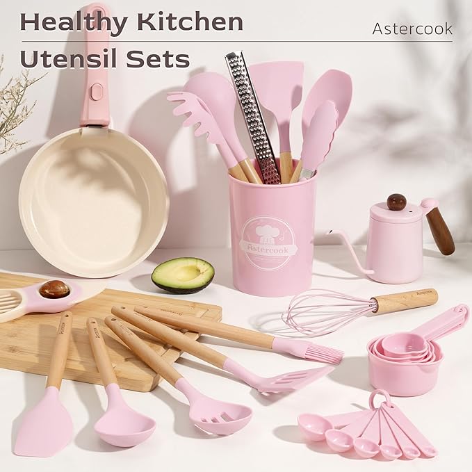 Astercook Kitchen Utensils set, 39 PCS Silicone Cooking Utensils Set with Wooden Handle, 446°F Heat Resistant Food Grade Utensil Sets, BPA Free Kitchen Gadgets Tools Set for Nonstick Cookware (Pink)