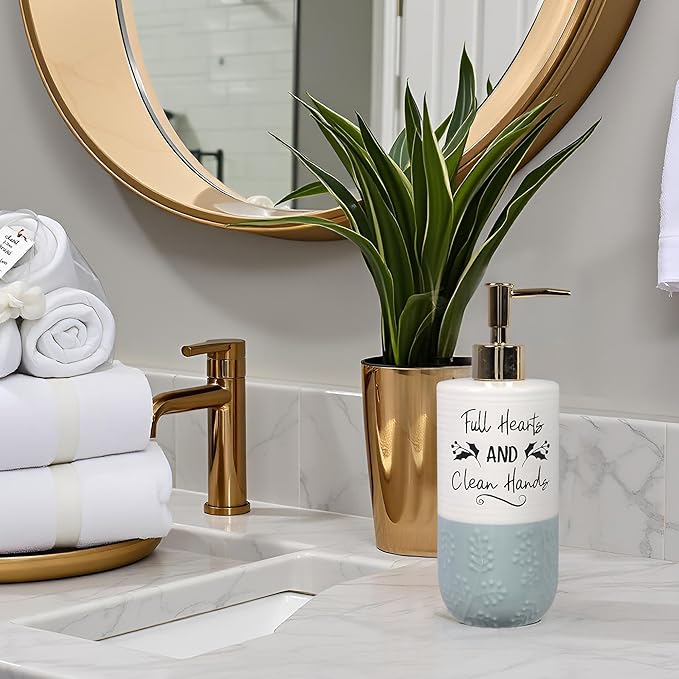 Youngs Ceramic Soap and Lotion Dispenser, Durable Shampoo and Conditioner Dispenser with Plastic Pump, Modern Home Essential for Kitchen and Bathroom
