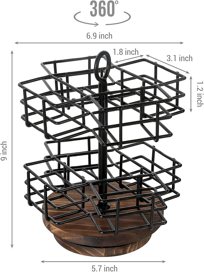 MyGift 8 Compartment Tea Bag Organizer Carousel, Black Metal Wire Packet Holder and 360 Degree Spinning Burnt Solid Wood Base, Coffee Station Storage Caddy
