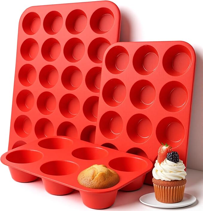 3 Pcs Silicone Muffin Pan Set, Silicone Muffin Pans for Baking Red 24/12/6 Cups Mini/Regular/Large Non-Stick Cupcake Pan for Kitchens, Restaurants, Bakeries