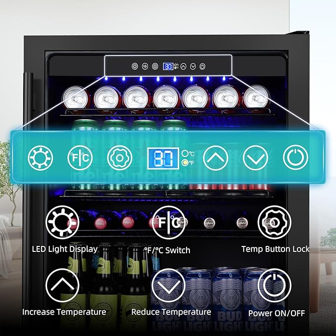 ORYMUSE Beverage Refrigerator 24 Inch, 180 Can Drink Fridge with Glass Door, Under Counter or Freestanding Beverage Cooler for Soda, Beer, Wine – Quiet Cooling for Kitchen, Bar, Office, Black