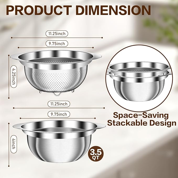 3.5QT Colander with Bowl, Rice Strainer, Stainless Steel Mixing Bowls with Strainer, Pasta Strainer, Colander for Kitchen for Rice Pasta Fruits Vegetables, Rice Cleaner Strainer, Dishwasher Safe