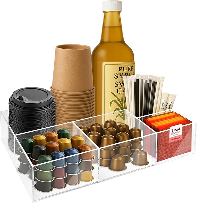 Acrylic Coffee Bar Station – Snack Tea Organizer & Storage Holder for Office Coffee Table – Perfect Countertop Setup for Syrup, Creamer, Condiment and Snack Accessories