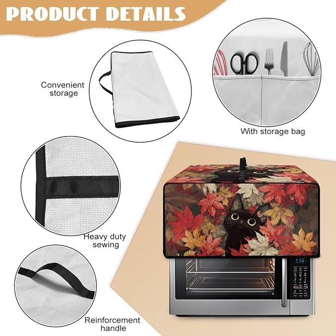 Air Fryer Toaster Oven Dust Cover Dust Protection Countertop Convection Oven Cover Stain-resistant Kitchen Appliance Protector, M, Black Cat Maple Leaf Fall Decor