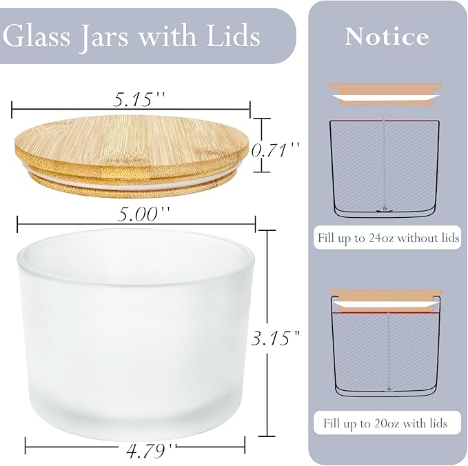 CONNOO 24oz Frosted Glass Candle Jars 6 Pack, Multi-Wick Wide Mouth Empty Bulk Candle Containers for Making Candles with Airtight Bamboo Lids, Sticky Warning Labels, Wick kit- Dishwasher Safe