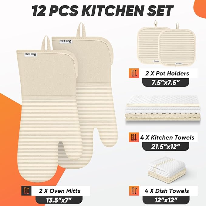 Oven Mitts Kitchen Towels and Dishcloths with Pot Holders Sets, Oven Gloves Hot Pads 500°F Heat Resistant with Silicone Grip, Include 2 Cooking Gloves/2 Potholders/4 Kitchen Towels/4 Dish Towels