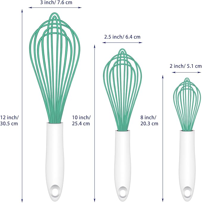 Teal Silicone Whisk, Sealed Waterproof Design Set of 3, Professional Kitchen Whisks for Cooking Non-Scratch, Silicone&Stainless Steel Whisk, Heat Resistant 480°F Rubber wisk, BPA free