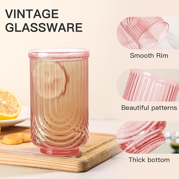 JOVGANK Pink Vintage Glassware Set of 6-17Oz Pink Water Drinking Glass, Art Deco Ripple Highball Glass, Whiskey Cocktail Glasses, for Bar Ice Coffee Juice, Housewarming Gifts and Mother's Day Gift