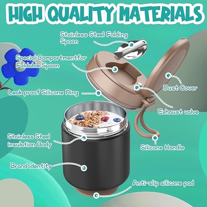 Insulated Food Jar for Kids - 15.2 Oz, Thermo for Hot Food, Soup Thermo, Insulated Food Container, Termos Para Comida Caliente, Width Mouth Stainless Steel Lunch Box with Spoon, Black