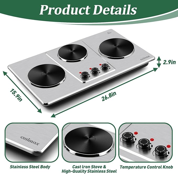 Cusimax Hot Plate,Countertop Triple Burner with 7″Cast Iron Cooktop,Electric Hot Plate for Cooking,11 Level Temperature Setting