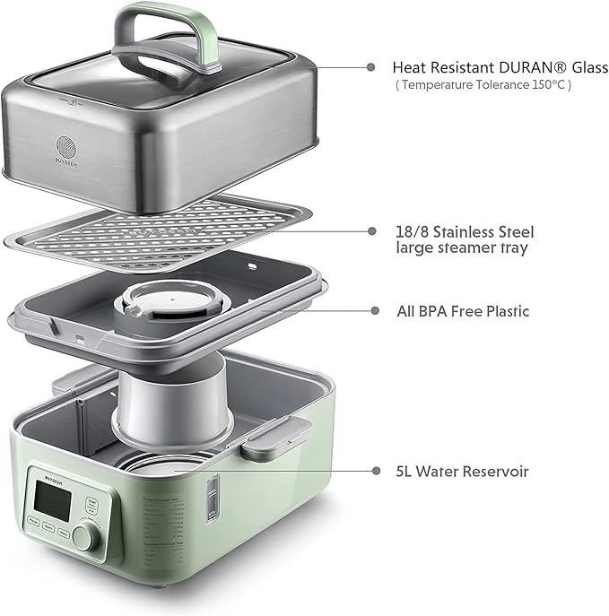 BUYDEEM G563-A501 Electric Food Steamer for Cooking, 2 Tire Stainless Steel Steamer with Slow Cook Mode, 1500W, 10-Quart, Green