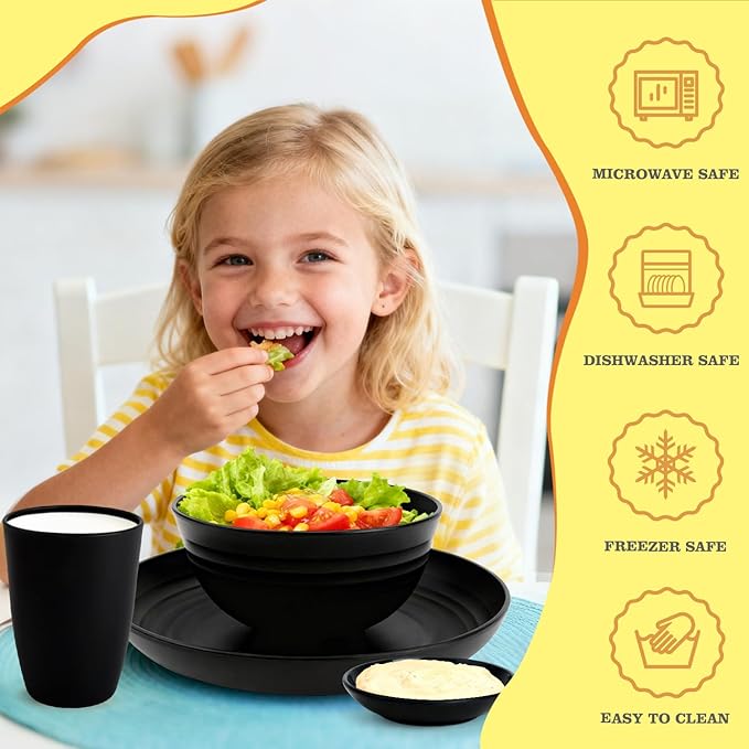 Wheat Straw Dinnerware Sets 16 PCS, Unbreakable Kids Plates and Bowls for 4-9 IN Plates, 26 OZ Cereal Bowls, 2 OZ Dipping Bowl, 12 OZ Cups, Dishwasher & Microwave Safe Plate Set - Black
