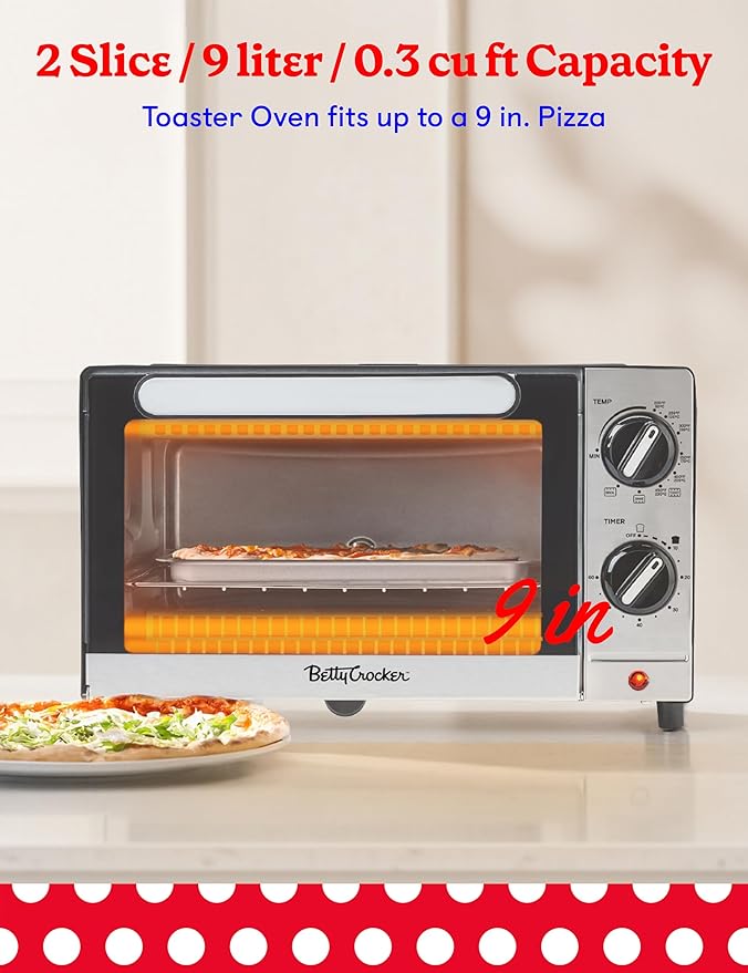 Betty Crocker 9L Toaster Oven, 2-Slice Toaster with Chrome Plated Front, Stainless Steel Handle, Bake, Broil & Toast Functions, Easy Control Dials, Includes Baking Pan & Rack, BC-5665B, Black/Silver