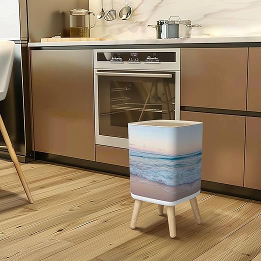 Small Trash Can with Lid Ocean Waves Sand Beach Wastebasket with Press Cover Dog Proof Garbage Can Waste Bin for Kitchen Bathroom Nursery 2.6 Gallon
