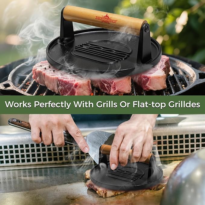 Cast Iron Smash Burger Press 7.1",Grill Bacon Meat Press Tool,Perfect for Blackstone, Camp Chef, Weber Grills & Indoor Griddles – BBQ & Cookout Must-Have (Round -Flat Bottom)