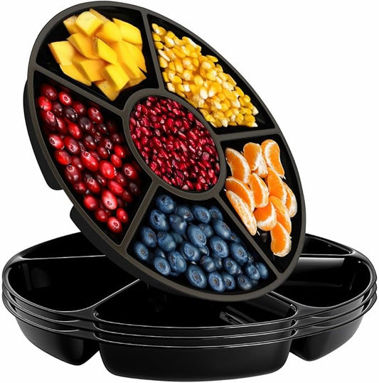 R-kay 4 Pack, 6 Sectional Black Plastic Serving Trays for Party - Heavy Duty Party Trays for Serving Food - 12 Inch Platters
