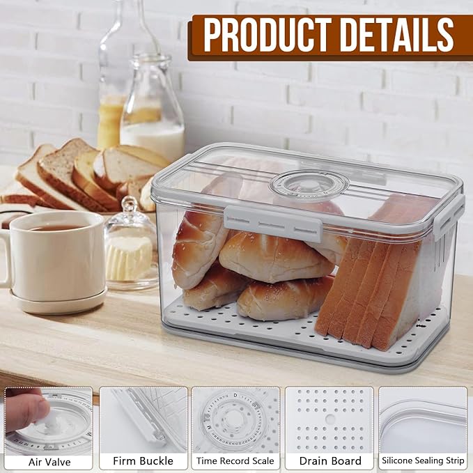 Gifhomfix Bread Box Bread Boxes for Kitchen Counter Airtight, Time Recording Bread Storage Container with Lid, Bread Keeper for Homemade Bread, Toast, Bagel, Donut and Cookies, White