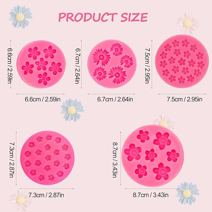 5Pcs Flower Silicone Candy Mold, Mini Fondant Chocolate Molds Small Rose Flower Resin Soap Ice Cube Wax Melt baking Mold for Cake Cupcake Decorationg (pink)