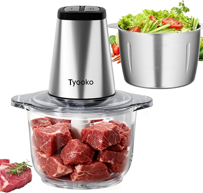 Electric Food Processor Vegetable Chopper, Easy Clean Meat Grinder with 2 Bowls (8 Cup Stainless Steel+8 Cup Glass), Small Food Mixer for Fruits/Meat/Nuts/Fish/Veggie/Pet Food/Baby Food
