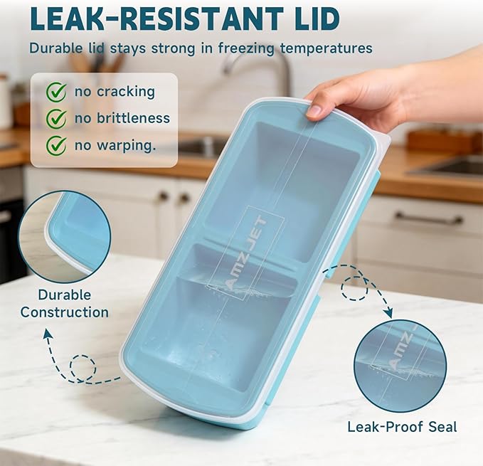 4-Pack Silicone Freezer Trays with Lid & 20 Bags - Multi-Size 1-Cup & 2-Cup Portions, Food-Grade Silicone Freezer Molds for Soup & Meal Prep - Freezer Storage Containers, Oven & Dishwasher Safe - Blue