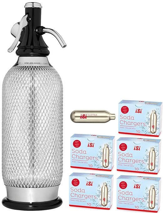 iSi North America Classic Sodamaker Set with Soda Siphon Chargers, 50-Pack - Stainless Steel 1-Quart Sparkling Water System & CO2 Carbonation Chargers for Carbonated Drinks, Juices, Cocktails