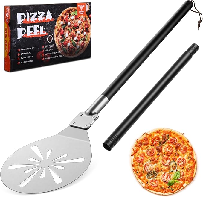 9 Inch Pizza Peel Turning, Joyfair Perforated Pizza Turner with Long Detachable Handle, Stainless Steel Spatula Paddle for Rotating Sliding, Metal Tools Oven Accessories, Easy Cleanup (Painted Handle)