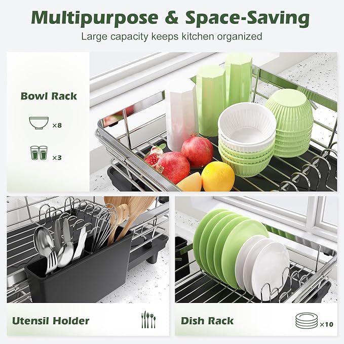 In Sink Dish Drying Rack, Expandable Over The Sink Dish Rack for Small Kitchen, Space Saving Stainless Steel Dish Drainer with Utensil Holder, 14.1"-21.2" L x 11"W, Small Plate Dryer Strainer, Silver