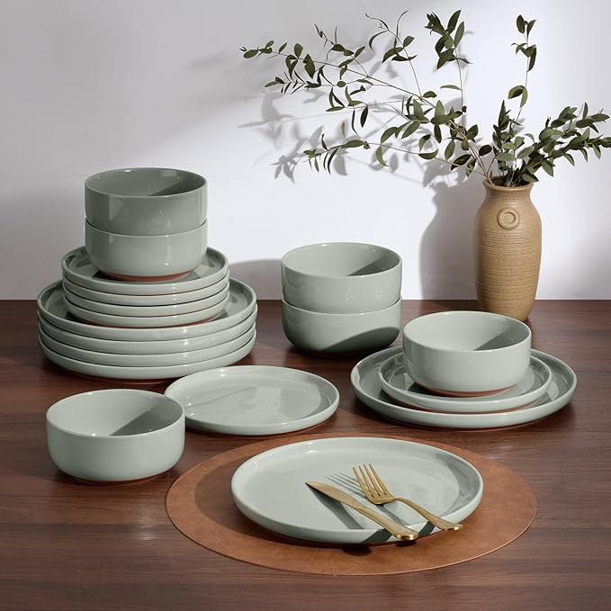 E-far 24-Piece Stoneware Dinnerware Sets, Plates and Bowls Sets for 8, Ceramic Dishware Dishes Set with Terracotta Base, Chip & Scratch Resistant, Microwave & Dishwasher Safe, Speckled Green