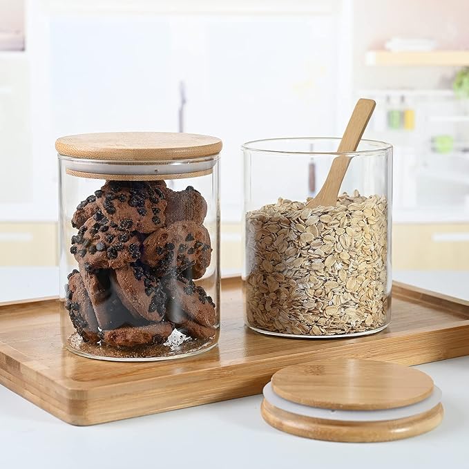 VIKEYHOME Glass Pantry Storage Containers, 27oz (6 Pack) Borosilicate Glass Food Jars with Airtight Bamboo Lids, 800ml Jar with 6 pcs Wooden Spoons
