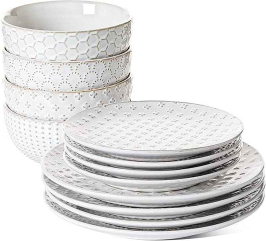 LE TAUCI Dinnerware Sets 12 PCS, Ceramic Plates and Bowls Set, Suit For Housewarming (10" Dinner Plate + 8" Salad Dish + 26 oz Cereal Bowl) x 4, Oven safe - Arctic White