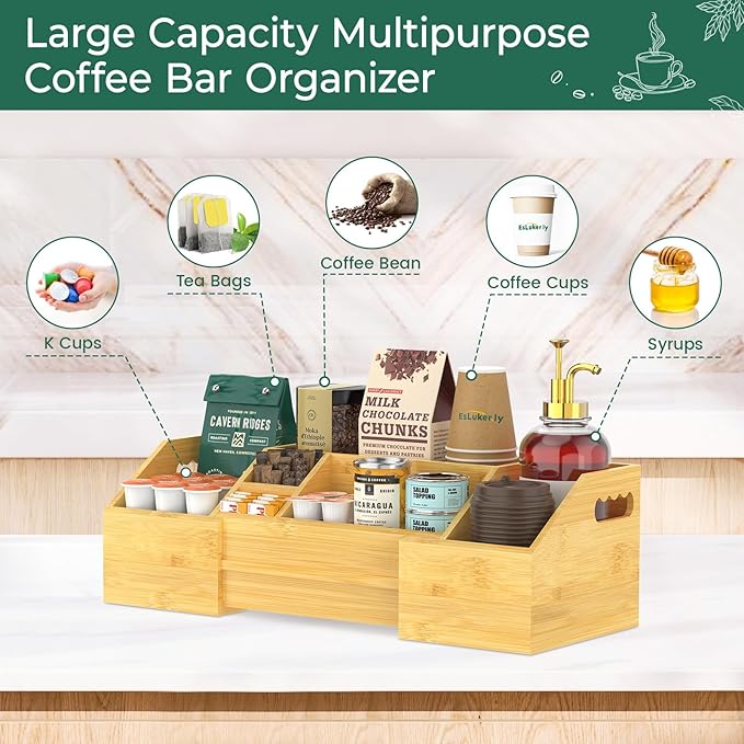 EsLuker.ly Coffee Station Organizer Countertop, Bamboo Extendable Coffee Bar Caddy Condiment Storage, Pods Holder for Home Office, Kitchen Area Nook for Accessories Organizer