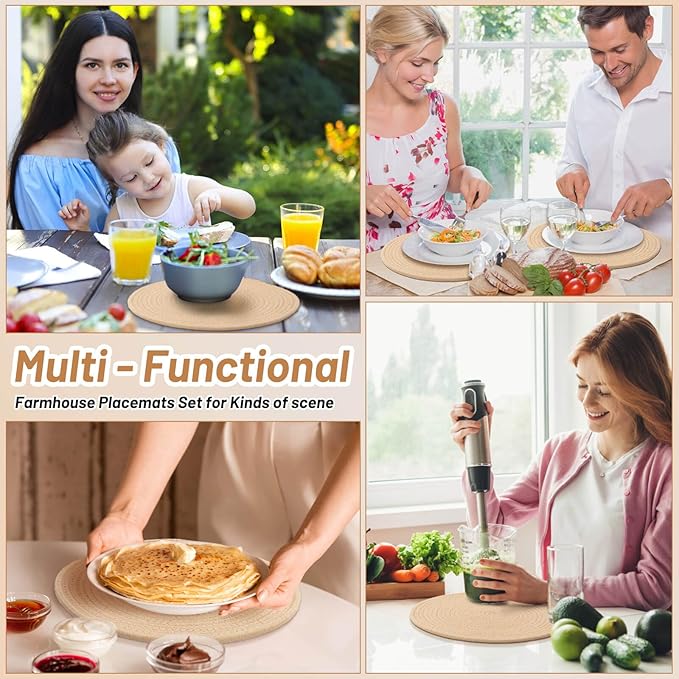 Billbotk Round Woven Placemats Set of 4, 13 Inches Table Place Mats for Dining Table, Hot Pads for Kitchen, Trivets for Hot Dishes, Pots and Pans,Tabletop Accessories(Beige)