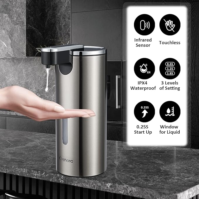 Automatic Soap Dispenser, Automatic Liquid Soap Dispenser Touchless, 12oz/340ml, 3-Level Adjustable, Battery Operated, Water-Resistant for Bathroom, Kitchen and School, Clog-Free, Stainless Steel