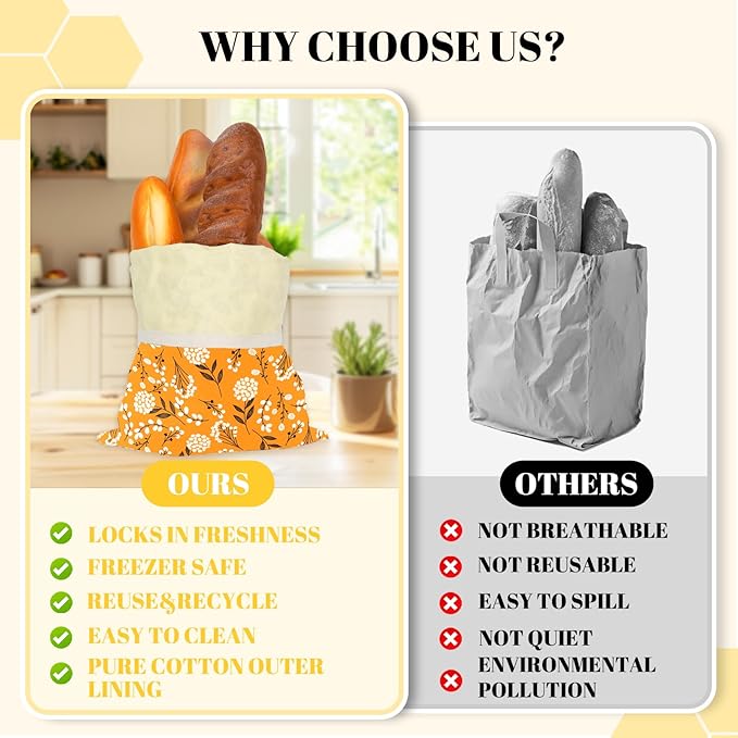2 Pack Beeswax Bread Bags - 17x13 Inch Reusable Bread Storage Bags,Bees Wax Lined Bread Bags for Home Cooks fresh bread storage Easy Clean (Orange-White flowers)