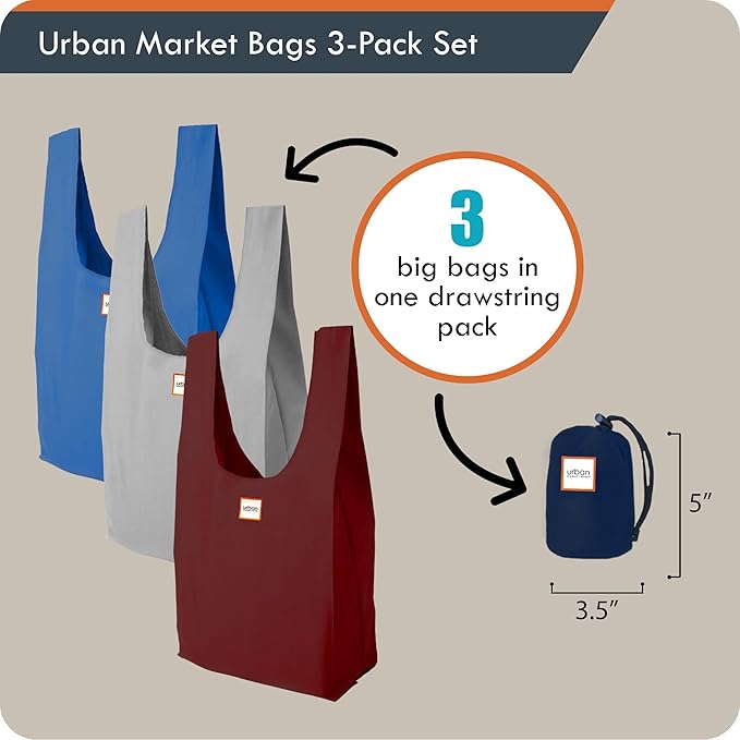 Urban Market Bags - Ocean - 3 Foldable Reusable Shopping Bags in 1 Compact Pouch, Luxury Quality, Durable Fabric, Holds 50+ lbs, Machine Washable, Pouch Fits in Cupholder, Designed in California