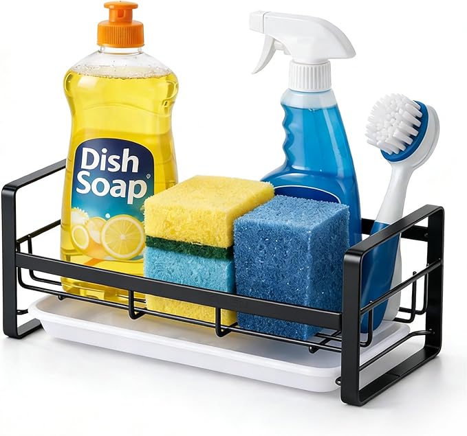 HULISEN Large Sponge Holder, 304 Stainless Steel Kitchen Soap Dispenser Caddy Organizer, Countertop Soap Dish Rack Drainer with Removable Drain Tray, not Including Dispenser and Brush, Black