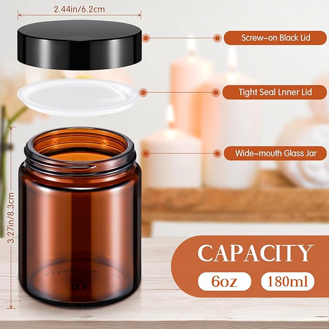 Domensi 24 Pcs Bulk 6oz Glass Jars with Lids Leakproof Round Airtight Empty Cosmetic Jars with Inner Liners Lid for Storing Lotions Spices Ointments Food Storage (Amber)