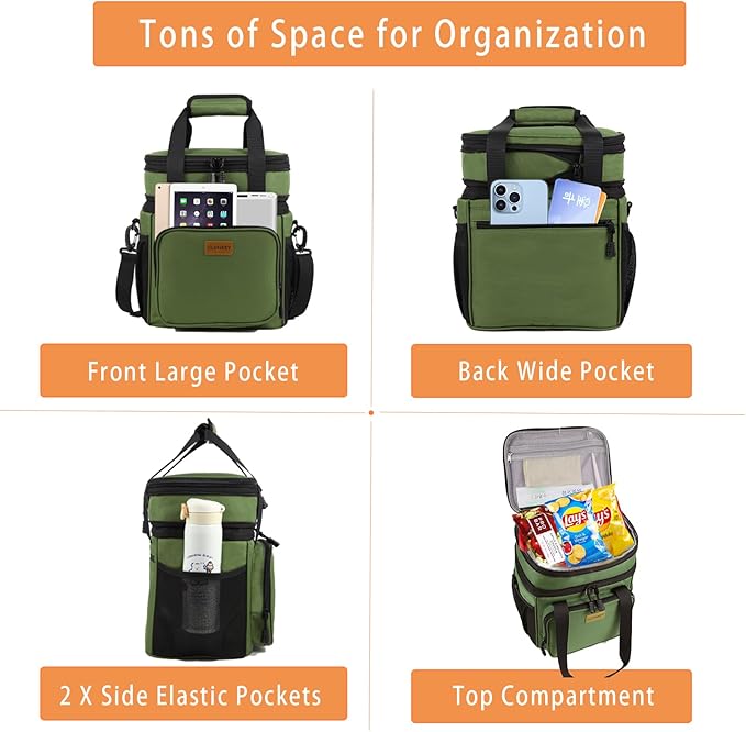 Expandable Large Insulated Lunch Box, Heavy Duty Lunch Cooler Bag Durable Leakproof Lunch Pail for Men Women Adults Work Shift Outdoor Picnic Camping Road Trip, 16L, Army Green, GLENKEY