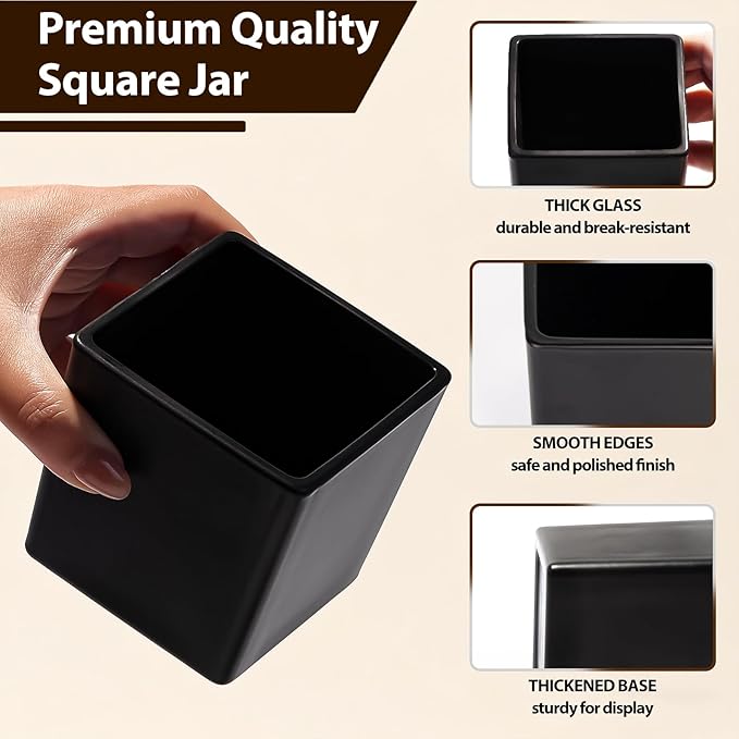 CONNOO 12 Pack 9 OZ Matte Black Square Candle Jars for Making Candles, Thick Glass Bulk Empty Candle Containers with Airtight Bamboo Lids for Candle Making, Sticky Warning Labels - Dishwasher Safe