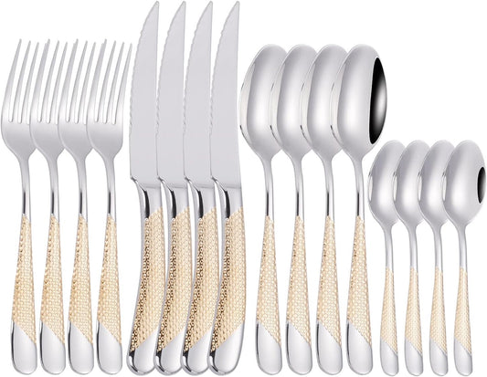 16 Piece Silverware Set,Stainless Steel Flatware Set Spoon and Fork Set for 4,Kitchen Utensil Cutlery Set Mirror Finish Dishwasher Safe Gift Package (silver)