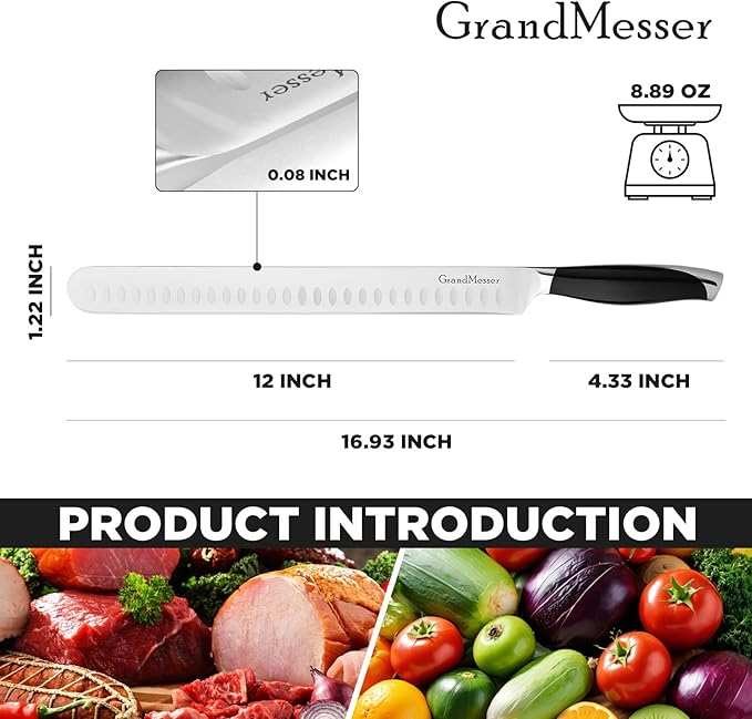 Slicing Carving Knife, 12" Brisket Knife, Ergonomic Handle Design, for Cutting BBQ Turkey Ham Rib Roast Beef with Sharpener.
