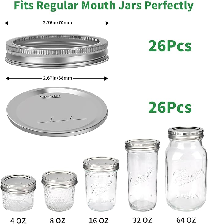 52Pcs Mason Jar Lids with Rings Regular Mouth, Upgrade Canning Lids with Rings/Bands for Ball, Kerr Jars and More, Split-Type with Leak Proof & Airtight, Food Grade Material for Mason Jars