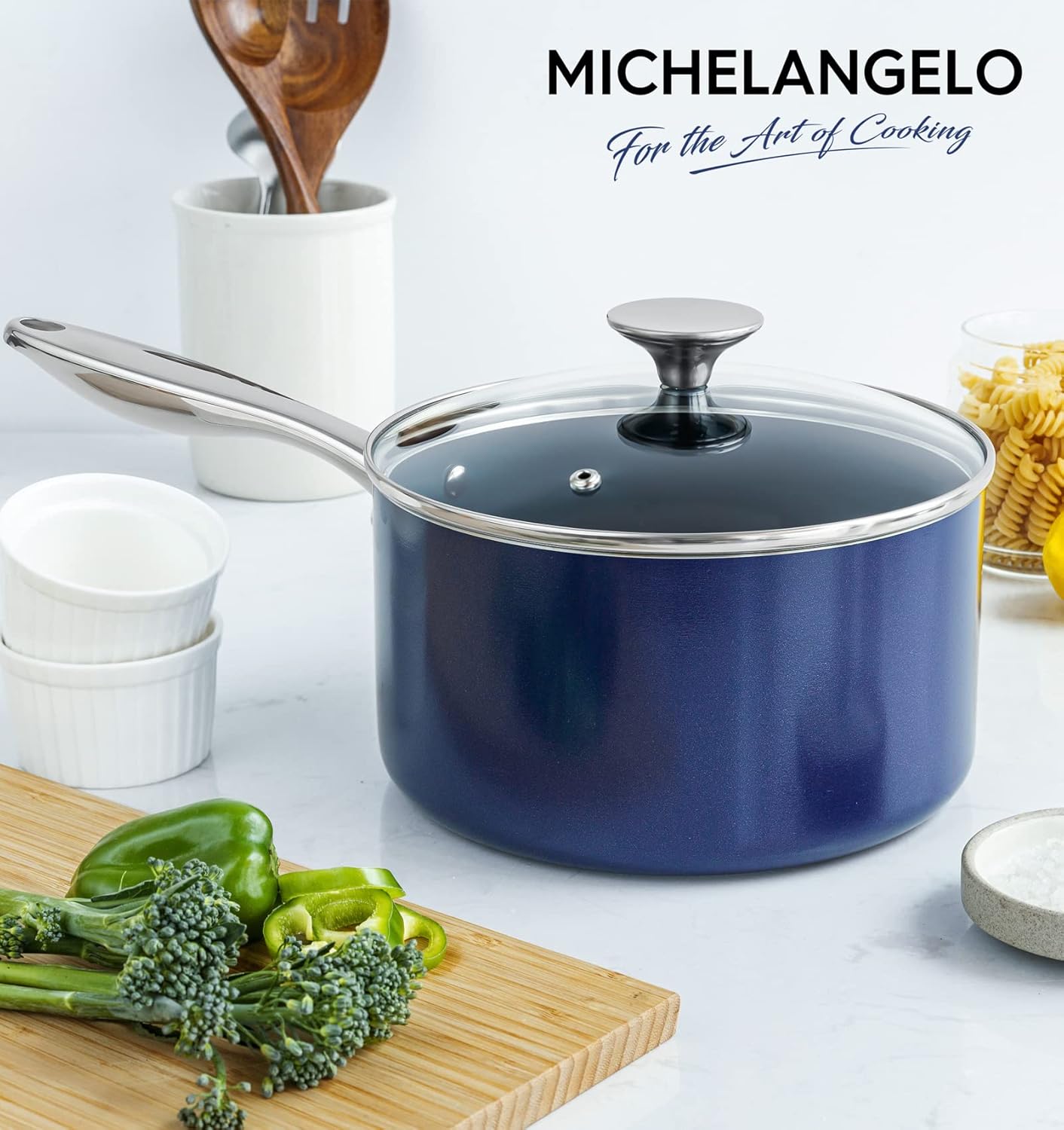 MICHELANGELO Sauce Pan Sets, Ceramic Saucepans with Lids, 1Qt & 2Qt & 3Qt Sauce Pans with Lid, Nonstick Saucepan Set, Small Pot with Stainless Steel Handle, Oven Safe, Blue